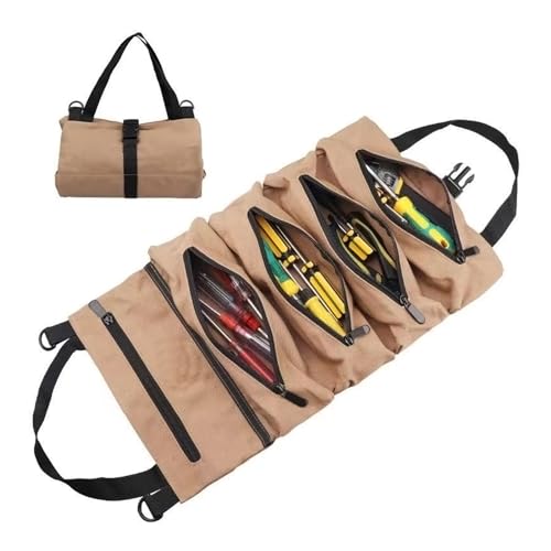 Faltbare Werkzeugtasche, Oxford-Gewebe Schraubenschlüssel Werkzeugtasche mit 5 Reißverschlusstaschen, Mehrzweck Werkzeug Rolltasche Verstellbarer Band, für Auto Motorrad Elektriker (Khaki) von DecorDwell