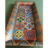 Serviertablett in Serviettentechnik & Pointillismus, Handbemaltes Tablett - Mexiko, 36x16, 5cm von DecorElegant
