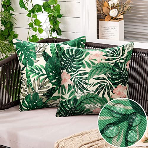 2 Stück wasserdichte Kissenbezug 45x45cm Sommer Moderne Grüne Blätter Rote Blume Couch Dekokissen Kissenhüllen Leinen Dekorative für Outdoor Balkon Terrasse Patio Garten Bauernhaus Dekor von DecorMommt