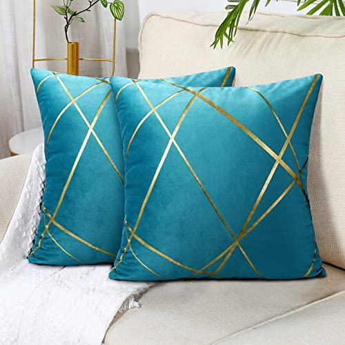 DecorMommt 2er Set Kissenbezüge 40X40 cm Pfauenblau Samt Kissenbezug Soft Cosy Bronzieren Leitung Geometrie Muster Zierkissenbezüge Solide Kissenbezüge für Sofa Couch Bett Stuhl Auto von DecorMommt