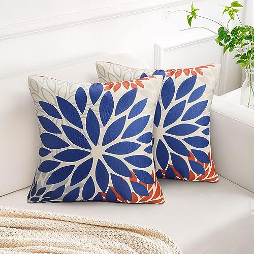 2er Set Kissenbezug 40x40 cm Sofakissen Dekokissen Blau Herbst Moderne Dekorative Kissenbezüge Beidseitig Blumen Kissen Leinen Blau und Gelb Kissenhülle für Wohnzimmer Sofa Drinnen und Draußen von DecorMommt