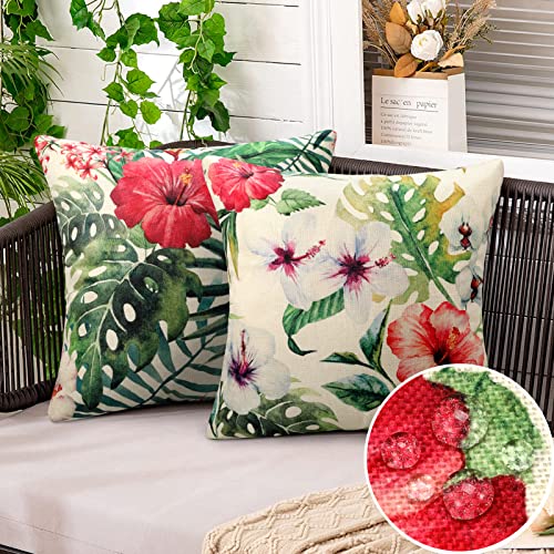 2er Set Kissenbezug 50x50 Wasserfeste Leinen Kissenbezüge Outdoor Tropisch Pflanzen Deko Kissen Grüne Blätter Kissenhülle Modern Sommer Kopfkissenbezug für Balkon Hof Terrasse (Bunt floral) von DecorMommt