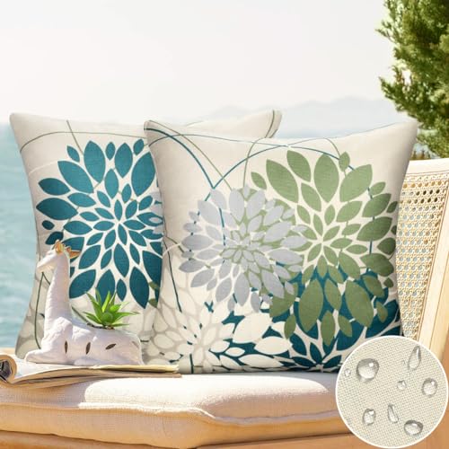 2er Set Kissenbezug 50x50cm Outdoor Kissenhüllen Wasserfest Modern Leinen Kissenhülle Blau und Grün Blumen Dekorativ Kissenbezüge für Garten Sofa Wohnzimmer Bett Kissen Dekoration von DecorMommt