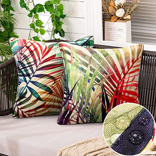 2er Set Kissenbezug Tropische Blätter 40x40 cm Outdoor Kissenbezüge wasserdichte Dekorative Kissenhülle Sommer Leinen Dekokissen für Sofa Autos Wohnzimmer Schlafzimmer Büro Dekor (Bunt Blätter) von DecorMommt