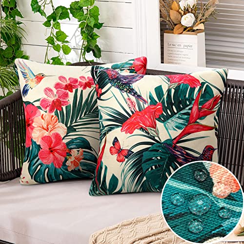 2er Set Leinen Kissenbezug 45x45 cm Blumen Kolibri Dekorative Kissenbezüge Outdoor Wasserdicht Bunt Zierkissenbezüge Sommer Wasserfest Dekokissen Zierkissen für Couch Sofa Garten Sessel Terrasse von DecorMommt