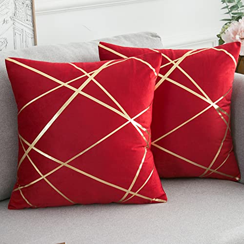 2er Set Rot Samt Kissenbezug 40x40 cm Dekorative Kissen Geometrie Modern Dekokissen Kissenhülle Sofakissen Couchkissen Kissenbezüge Outdoor Zierkissen Bezug für Schlafzimmer Sofa BettWeinrot Sommer von DecorMommt