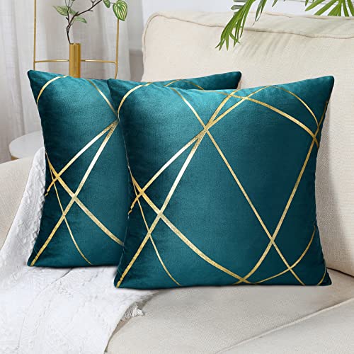 2er Set Samt Kissenbezüge 45x45 cm Blau-Grün Bronzieren Geometrie Dekokissen Kissenhülle Sofakissen Couchkissen Dekorative Kissen Kissenbezüge Zierkissen Bezug für Schlafzimmer Sofa Bett von DecorMommt