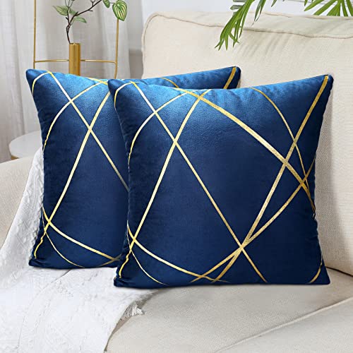 2er Set Samt Kissenbezüge 45x45 cm Navy blau Flansch Kissenhülle Dekorative Sofakissen Bronzieren Geometrische Linien Dekokissen Kissenbezüge Zierkissenbezug für Sofa Wohnzimmer Schlafzimmer von DecorMommt