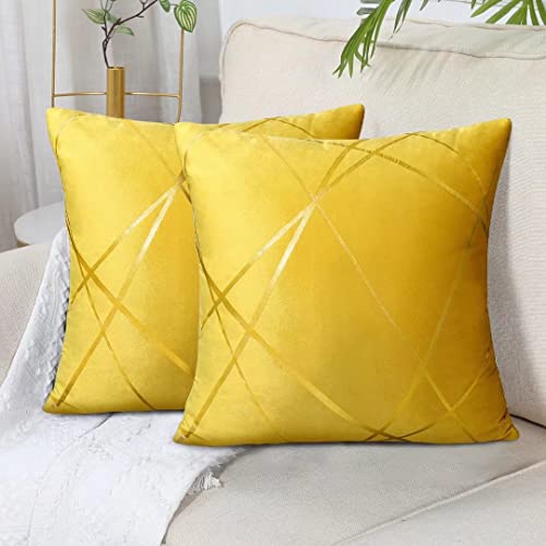 Samt Kissenbezug 40 x 40 cm Gelb Goldene Linien Geometrie Dekokissen Kissenhülle Sofakissen Couchkissen Dekorative Kissen Kissenbezüge Zierkissen Bezug für Schlafzimmer Sofa Bett 2er Set von DecorMommt