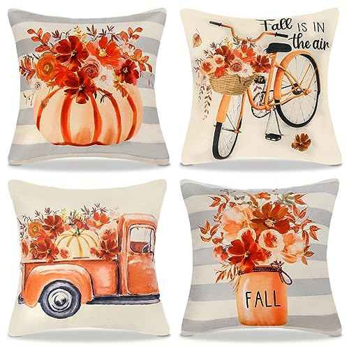 4 Stück Herbst Kissenbezüge Kissenbezug 40x40 Kürbis Kissenbezug Halloween Kissen Herbst Ahornblatt Dekokissen LKW Blumen Zierkissenbezug Landhausstil für Sofa Schlafzimmer Wohnzimmer Auto Zuhause von DecorMommt