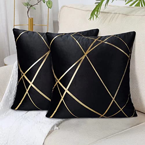 45 x 45 cm Samt Kissenbezug Schwarz 2er Set Golden Geometrie Outdoor Dekokissen Kissenhülle Sofakissen Couchkissen Dekorative Kissen Kissenbezüge Moderne Zierkissen Bezug für Schlafzimmer Sofa von DecorMommt