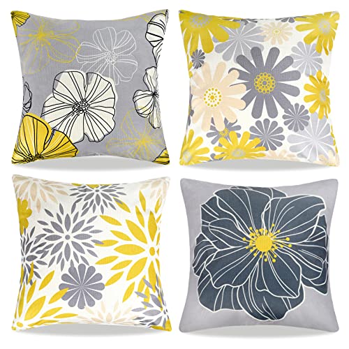 4er Set Kissenbezüge 40x40cm Moderne Graue und Gelbe Dahlie Blumen Dekokissen Sommer Outdoor Kissenbezüge Bunt Vintage Bauernhaus Dekorative Kissenhülle für Wohnzimmer Sofa Garten Dekoration von DecorMommt