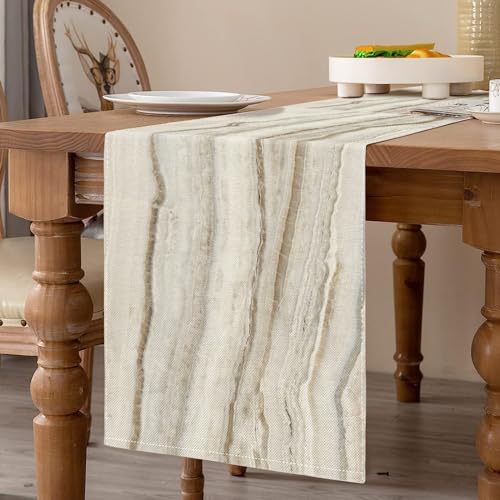 Beige Tischläufer Modern Wohnzimmer Frühling Platzsets Streifen Feines Marmor Dekoratives Tuch für Couchtisch, Weihnachtsfeiern, Hochzeiten, Events, Esstisch Hochzeit Leinen 33 x 183 cm von DecorMommt