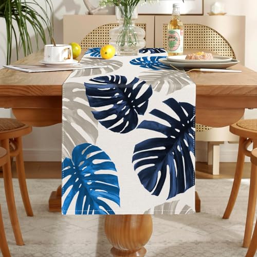 Blau Tischläufer Waschbare Tischdecke 40x140cm Monstera-Blätter Pflanzen Tischläufer Modern Frühling Sommer Dekorativer Tischläufer Vintage für Esszimmer Küche Bauernhaus Hochzeit Geburtstag Draussen von DecorMommt