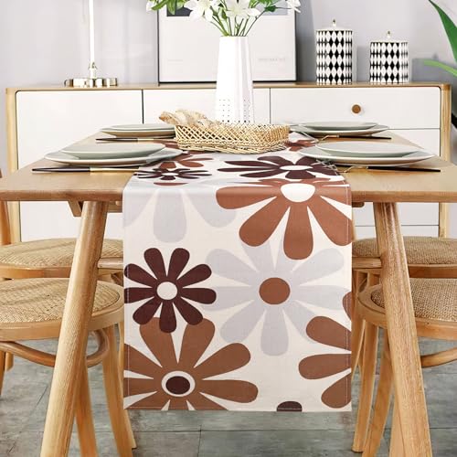 Braun Blumen Tischläufer Modern Grau Tischläufer Restaurant Dekoration Leinen Faltenfrei rutschfest Tischband Deko Tischwäsche Esstisch Party Küche Wohnzimmer Tischdecke Abwaschbar 40x140CM von DecorMommt