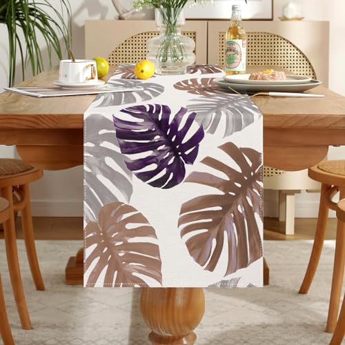 Braun Tischläufer Waschbare Tischdecke 33x183cm Monstera-Blätter Pflanzen Tischläufer Modern Frühling Sommer Dekorativer Tischläufer Vintage für Esszimmer Küche Bauernhaus Hochzeit Geburtstag Draussen von DecorMommt