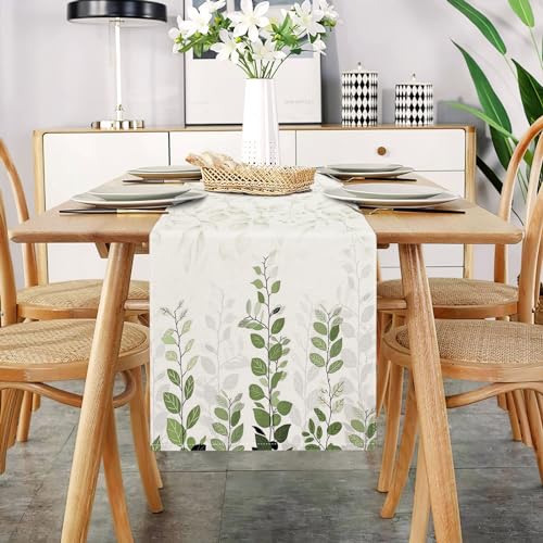 DecorMommt Frühling Tischläufer Grün Modern Wohnzimmer Tischläufer 40 x 140 cm Tischläufer Floral Blatt Muster Leinen Abstrakt Faltenfrei rutschfest Tischband Deko Tischwäsche Esstisch Hochzeit von DecorMommt