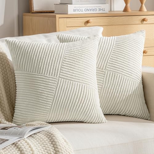 DecorMommt Kissenbezug 45x45cm Creme Cord Weich Gestreifte Kissenbezüge Geometrisch Elegante Kissenhülle 2er Set Kissenhüllen für Wohnzimmer Schlafzimmer Balkon Heimdekoration von DecorMommt