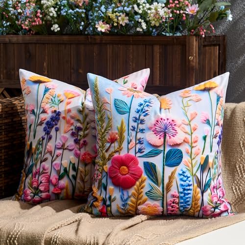 DecorMommt Outdoor Kissenbezüge 45x45cm 2er Set Bunte 3D Blumen Frühling Wildblumen-Pflanzen Farbe Kissenbezug Dekorative Quadratische Weich Bauernhaus-Dekor-Kissenhülle für Zuhause Sofa Garten von DecorMommt
