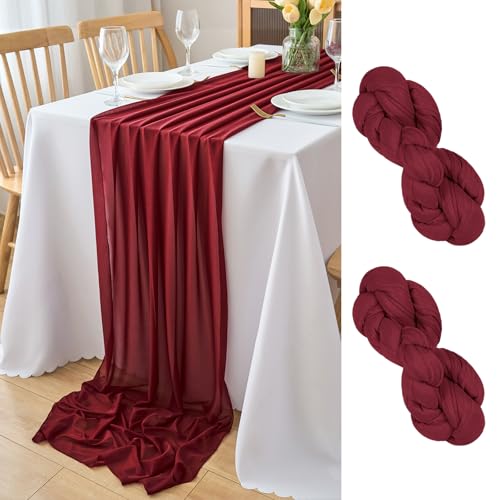 DecorMommt Tischläufer Burgund Chiffon Stoff Tüll Tischläufer Rot Tischdeko Hochzeit Table Runner Weihnachts Tischdecke für Geburtstage Hochzeiten Esszimmer Party Urlaub Deko, 77cmx300 cm 2 Stück von DecorMommt