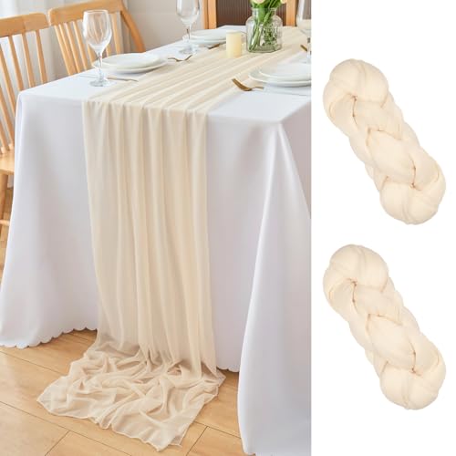 DecorMommt Tischläufer Hell Champagner Chiffon Dekostoff Tischläufer Hochzeit Tischdecke Tischdeko Läufer Tisch Modern Tischband deko für Geburtstage Hochzeiten Esszimmer Party, 77x300 cm 2 Stück von DecorMommt