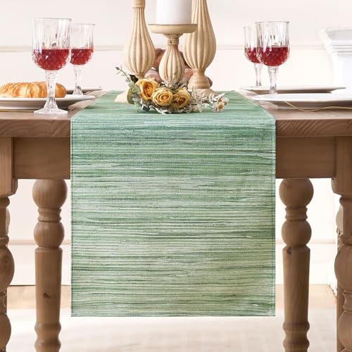 DecorMommt Tischläufer Modern Grün Läufer Tisch Boho Leinen Tischläufer Abwaschbar Landhausstil Table Runner Party Tischdeko Grüne Streifen Tischläufer 40x140 für Couchtisch von DecorMommt