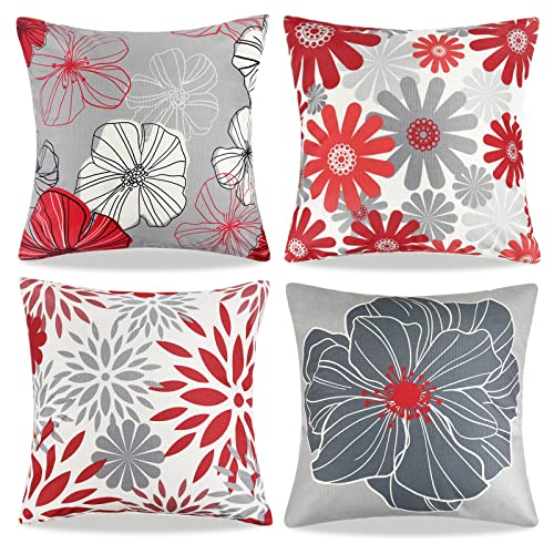 Dekokissen Sofakissen Kissenbezug 45x45 Abstrakt Rot und Graue Blumen Dekorative Kissenbezüge Modern Quadrat Leinen Kissenhülle 4er Set Kissen Bunt Frühling Sommer Zierkissen für Sofa Wohnzimmer von DecorMommt