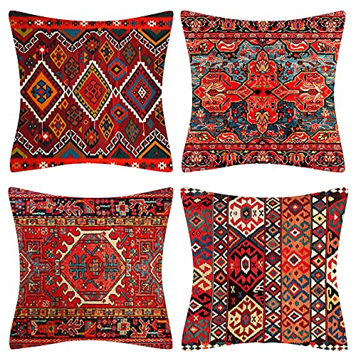 Dekorative Kissenbezüge 40 x 40 cm 4er Set Stammes-Abstraktes Rot Orientalisch Kissenbezug Teppich Muster Kissen Dekokissen Böhmischen Kissenhüllen Leinenkissen Sofa Deko von DecorMommt