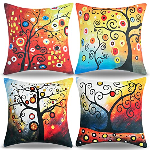 Dekorative Sommer Kissenbezüge 40x40 Kissen Rot Lebensbaum Dekokissen Bunt Kissenbezug Deko Zierkissenbezüge Retro Leinenkissen SofaKissenhülle von DecorMommt