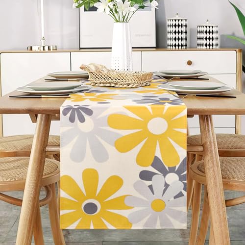 Gelb Grau Tischläufer Blumen Modern Tischläufer Tischdecke Restaurant Dekoration Leinen Faltenfrei rutschfest Tischband Deko Tischwäsche Esstisch Party Hochzeit Platzsets Abwaschbar 33x183 cm von DecorMommt