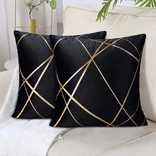 Groß Schwarz Samt Kissenbezüge 50x50CM 2er Set Golden Geometrie Dekokissen Kissenhülle Sofakissen Couchkissen Dekorative Kissen Kissenbezüge Moderne Zierkissen Bezug für Schlafzimmer Sofa Bett von DecorMommt