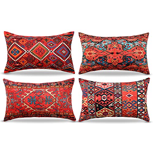 Kissenbezüge 30x50Cm Dekorative 4er Set Stammes-Abstraktes Rot Orientalisch Kissenbezug Teppich Muster Kissen Dekokissen Böhmischen Kissenhüllen Leinenkissen Sofa Deko von DecorMommt