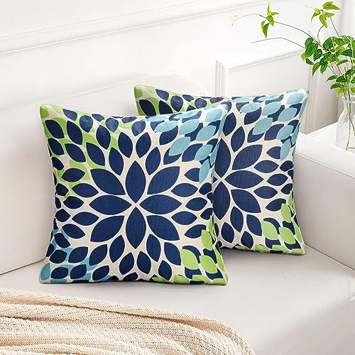 Kissenbezüge 40x40 cm 2er Set Kissenhülle Blau Grün Blumen Moderne Abstrakte Blumen Muster Dekokissen Sofakissen Dekorativer Couchkissen Kissenbezüge für Wohnzimmer Schlafzimmer Sofa Stuhl von DecorMommt