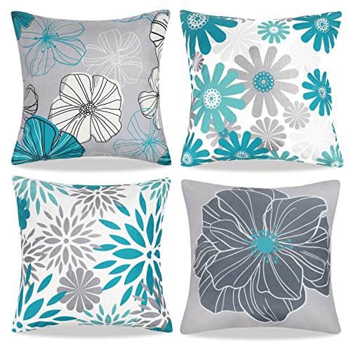 Kissenbezüge 45x45 4er Set Dekokissen Moderne Abstrakte Blumen Dekorative Kissenhülle Frühling Sommer Outdoor Kissenbezüge Sofakissen Quadrat Leinen Zierkissen für Sofa Stuhl Bett Garten von DecorMommt