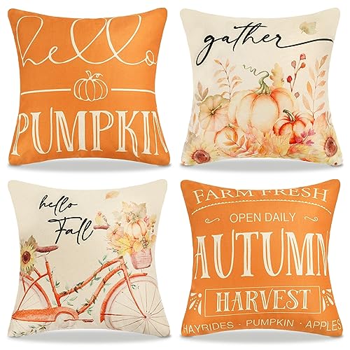 Kissenbezüge 45x45 cm 4er Set Thanksgiving Dekorative Herbst Kissenbezüge Zierkissenbezug,Fahrrad Kürbis Blumen Sofakissen Leinen kissenhülle für Sofa Schlafzimmer Wohnzimmer Auto Zuhause Dekoration von DecorMommt