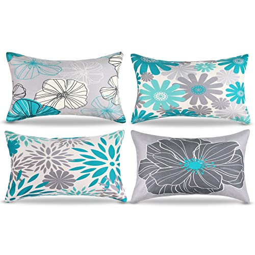 Kissenbezug 30x50 cm Dekokissen Sofakissen Abstrakt Grün und Graue Blumen Dekorative Kissenbezüge Modern Quadrat Leinen Kissenhülle 4er Set Kissen Bunt Frühling Sommer für Sofa Wohnzimmer von DecorMommt