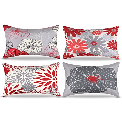 Kissenbezug 30x50 cm Dekokissen Sofakissen Abstrakt Rot und Graue Blumen Dekorative Kissenbezüge Modern Quadrat Leinen Kissenhülle 4er Set Kissen Bunt Frühling Zierkissen für Sofa Wohnzimmer von DecorMommt