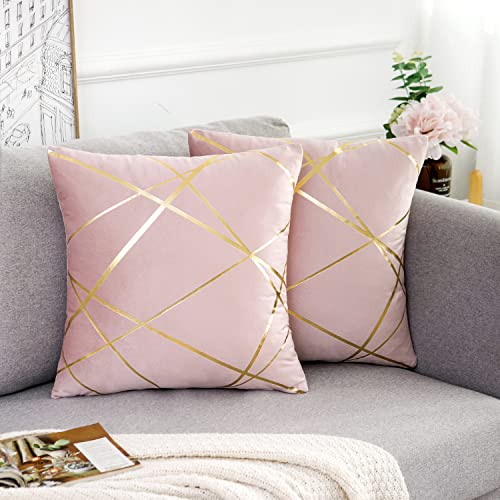 Rosa Samt Kissenbezug 40x40cm 2er Set Golden Geometrie Sofakissen Dekokissen Kissenhülle Couchkissen Outdoor Dekorative Kissen Kissenbezüge Moderne Zierkissen Bezug für Schlafzimmer Sofa Bett von DecorMommt