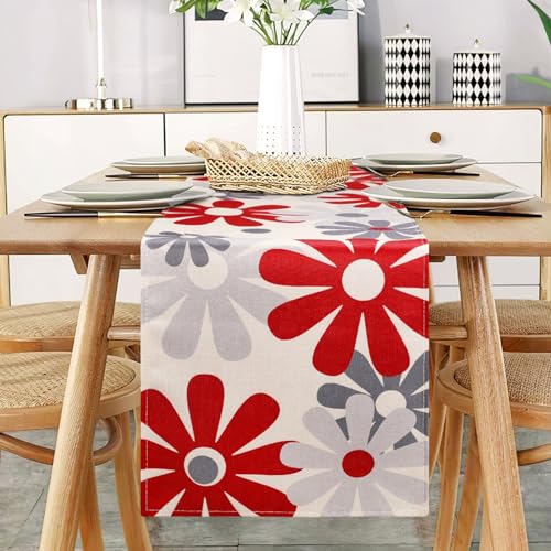 Rot Blumen Tischläufer Modern Grau Tischläufer Restaurant Dekoration Leinen Faltenfrei rutschfest Tischband Deko Tischwäsche Esstisch Party Küche Wohnzimmer Tischdecke Abwaschbar 40x140CM von DecorMommt