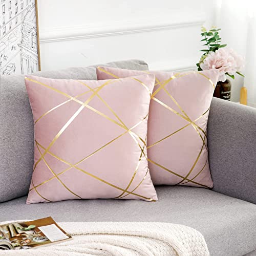 Samt Kissenbezug 50x50 cm Rosa 2er Set Golden Geometrie Sofakissen Dekokissen Kissenhülle Couchkissen Outdoor Dekorative Kissen Kissenbezüge Moderne Zierkissen Bezug für Schlafzimmer Sofa Bett von DecorMommt