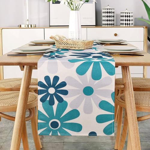 Tischläufer Blumen Modern Blau Grau Tischläufer Dekoration Leinen Faltenfrei rutschfest Tischband Deko Tischwäsche Esstisch Party Geburtstagsdeko Tischdecke Abwaschbar Tischdeko Hochzeit 33x183 cm von DecorMommt