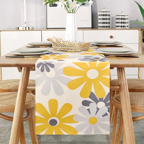 Tischläufer Blumen Modern Gelb Grau Tischläufer Tischdecke Restaurant Dekoration Leinen Faltenfrei rutschfest Tischband Deko Tischwäsche Esstisch Party Hochzeit Platzsets Abwaschbar 40x140cm von DecorMommt