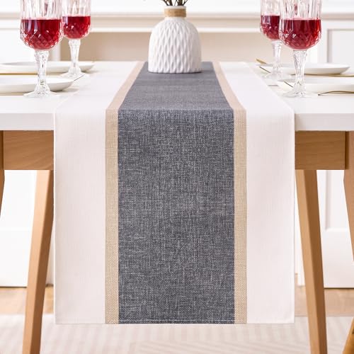 Tischläufer Grau Tischläufer Abwaschbar Streifen Tischdecke Saisonnal Sommer Küche Tisch Dekoration Baumwolle Leinen Wasserfester Table Runner für Hochzeit Party Deko 33x183 cm von DecorMommt
