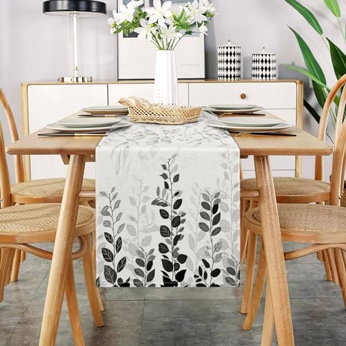 Tischläufer Modern Wohnzimmer Frühling Tischläufer Schwarz Tischläufer Beige Floral Blatt Muster Leinen Abstrakt Faltenfrei rutschfest Tischband Deko Tischwäsche Esstisch Hochzeit 33x183 cm von DecorMommt