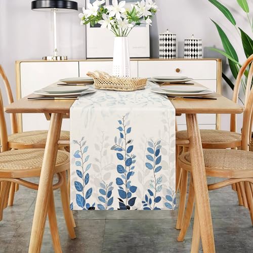 Tischläufer Modern Wohnzimmer Tischläufer Blau Tischläufer Beige Tischläufer Floral Blatt Muster Leinen Abstrakt Faltenfrei Rutschfest Tischband Deko Tischwäsche Esstisch Hochzeit 33x183 CM von DecorMommt
