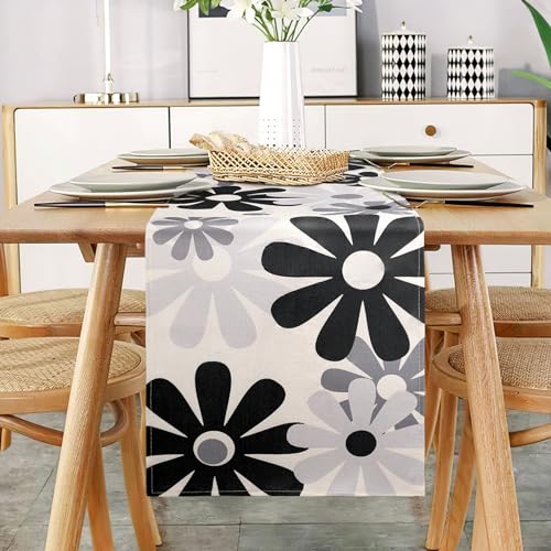 Tischläufer Moderne Schwarz Grau Outdoor Tischläufer Floral Tischmatten Läufer für Esstisch Dekoration Hochzeit Geschenk Party Hochzeit Tischläufer Leinen 33x183 cm von DecorMommt