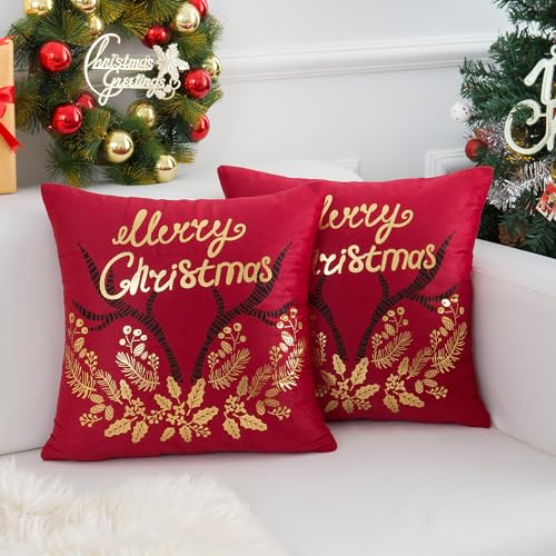 Weihnachten Kissenbezug 45x45 cm 2er Set Samt Rot Modern Dekorative Bronzieren Elch Kissenbezüge Festival SofaKissen Gemütlich Weich Quadratisch Heimdekoration für Auto Couch Schlafzimmer von DecorMommt