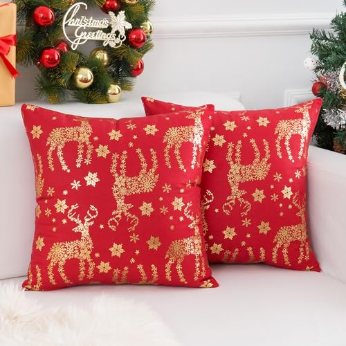 Weihnachten Rot Elch Kissenbezug 45x45 cm Weihnachten 2er Set Samt Modern Dekorative Bronzieren Kissenbezüge Festival SofaKissen Gemütlich Weich Quadratisch Heimdekoration für Auto Couch von DecorMommt