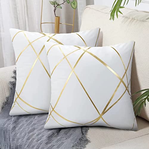 Weiß Samt Kissenbezug 50x50 cm 2er Set Golden Geometrie Sommer Dekokissen Kissenhülle Groß Sofakissen Couchkissen Dekorative Kissen Kissenbezüge Moderne Zierkissen Bezug für Schlafzimmer Sofa Bett von DecorMommt