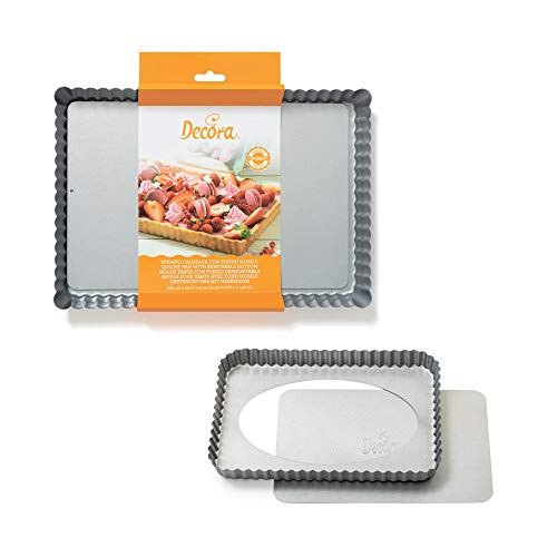 Decora 0070027 0070025 Rechteckige Tortenform mit beweglichem Boden, 32 x 22 x H 3,5 cm, Legierter Stahl, 150 Grams, Grau von Decora